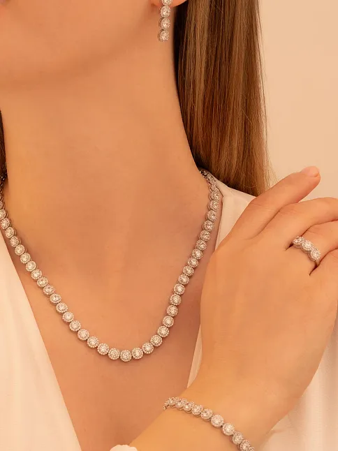 Kadın Gümüş Takı Seti - Serap Yuvarlak Model Zirkon Taşlı Kolye, Bileklik, Yüzük, Küpe Tam Set