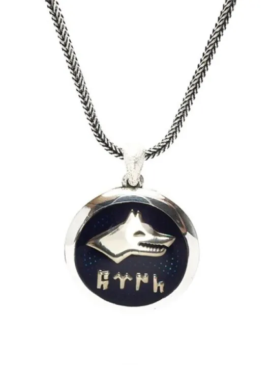 Göktürkçe Türk Yazılı Lacivert Mineli Bozkurt Gümüş Erkek Kolye Zincir