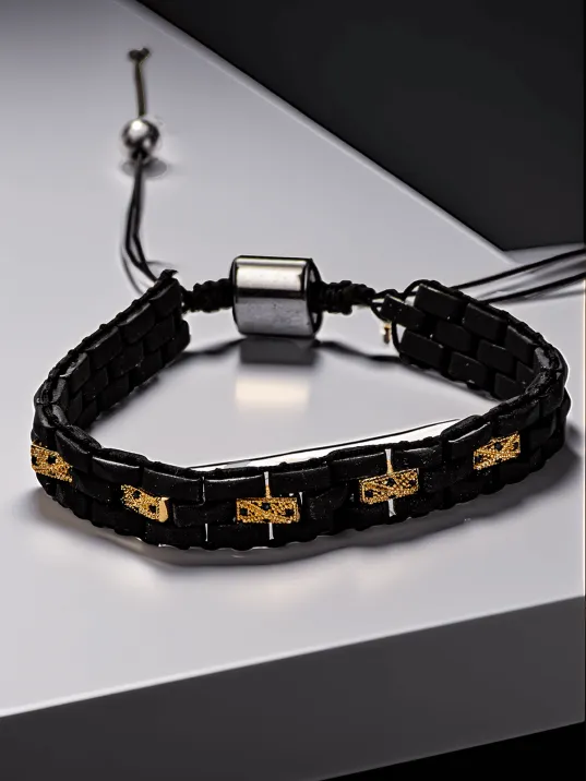 Siyah Örgü Mat Erkek Bileklik – Altın Detaylı Dikdörtgen Taşlı Ayarlanabilir Makrome