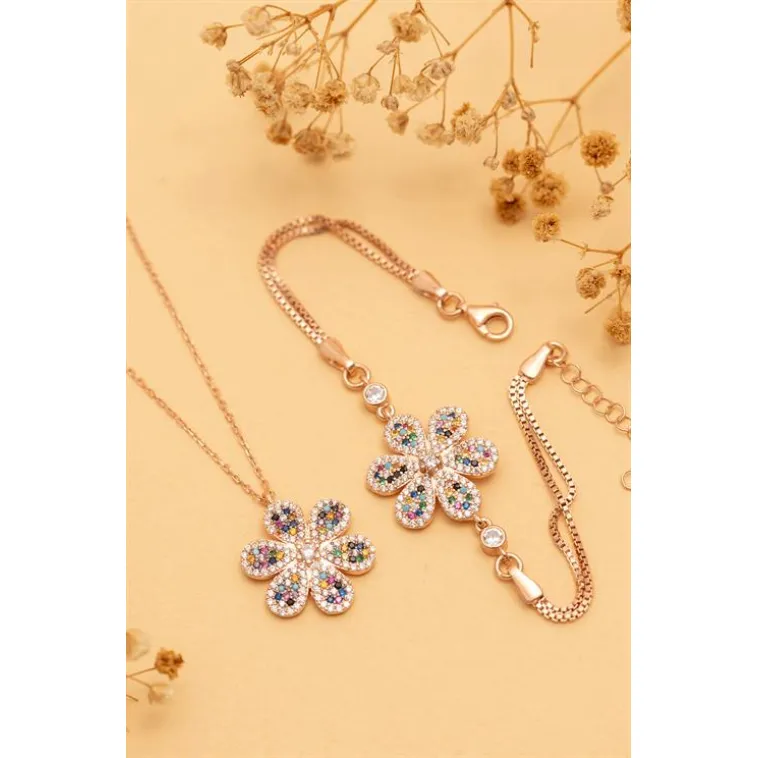 Kadın Gümüş Kolye Bileklik Set - Karışık Renk Çiçek Motifli Gümüş Bileklik Kolye Set Kadın Gümüş Kolye Bileklik Set - Karışık Renk Çiçek Motifli Gümüş Bileklik Kolye Set