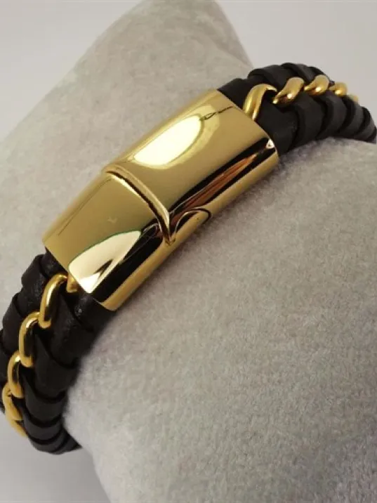 OttoMan Kahverengi Deri Çelik Erkek Bileklik 22k Altın Kaplama