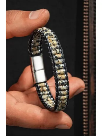 Erkek Kadın Jasper Ve Beyaz Hematit Taşı Deri Kordon Doğal Taş Bileklik