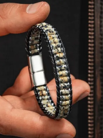 Erkek Kadın Jasper Ve Beyaz Hematit Taşı Deri Kordon Doğal Taş Bileklik