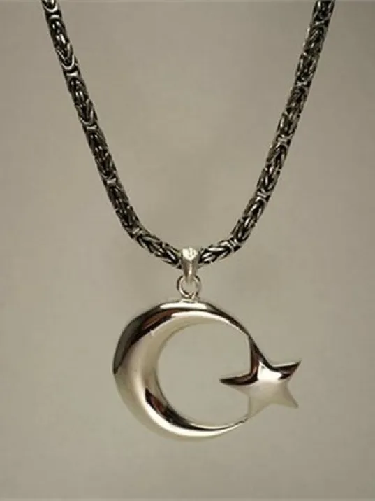 Erkek Gümüş Ay Yıldız Türk Bayrağı Kral Zincir Kolye