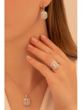 Kadın Gümüş Set - Kare Baget Taşlı Baget Süslemeli Rodyumlu Kadın Set