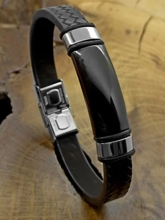 Kişiye Özel İsimli Örme Deri Siyah Erkek Çelik Bileklik Künye CBLKSYZLCLK-SYH