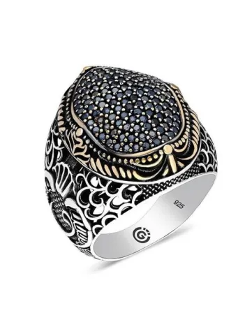 Faraba Siyah Zirkon Taşlı Yanı Vav Özel Seri Erkek Gümüş Yüzük