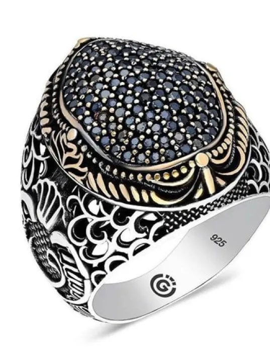 Faraba Siyah Zirkon Taşlı Yanı Vav Özel Seri Erkek Gümüş Yüzük