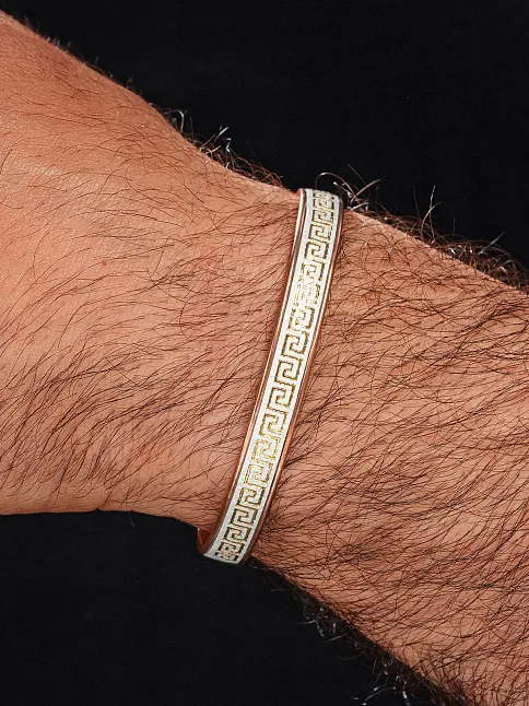 Erkek Kadın Bakır Bileklik - Üstü Hakiki Deri Grek İşlemeli Mıknatıslı Model Metal Kutu Doğal Taş