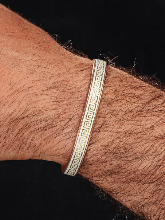 Erkek Kadın Bakır Bileklik - Üstü Hakiki Deri Grek İşlemeli Mıknatıslı Model Metal Kutu Doğal Taş