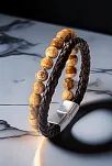 Erkek Doğal Taş Bileklik - Deri Örgü Jasper Doğal Taş Erkek Künye