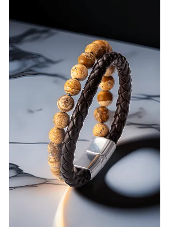 Erkek Doğal Taş Bileklik - Deri Örgü Jasper Doğal Taş Erkek Künye Erkek Doğal Taş Bileklik - Deri Örgü Jasper Doğal Taş Erkek Künye