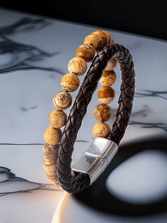 Erkek Doğal Taş Bileklik - Deri Örgü Jasper Doğal Taş Erkek Künye