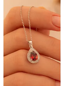 Kadın Gümüş Kolye - Damla Model Yakut Taşlı Zirkon Süslemeli Rodyumlu Kadın Kolye