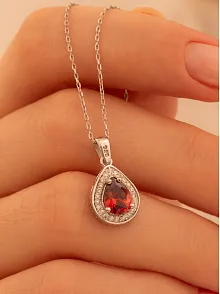 Kadın Gümüş Kolye - Damla Model Yakut Taşlı Zirkon Süslemeli Rodyumlu Kadın Kolye