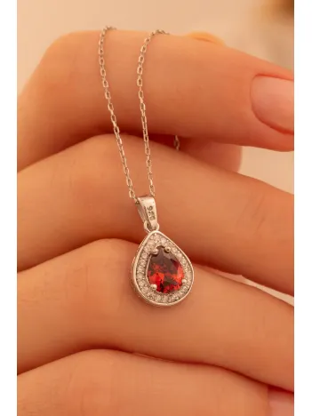 Kadın Gümüş Kolye - Damla Model Yakut Taşlı Zirkon Süslemeli Rodyumlu Kadın Kolye