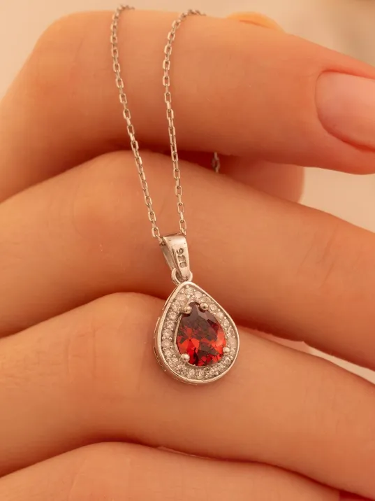 Kadın Gümüş Kolye - Damla Model Yakut Taşlı Zirkon Süslemeli Rodyumlu Kadın Kolye