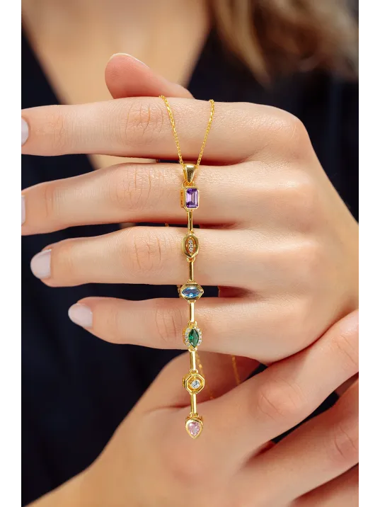 Kadın Renkli Taşlı Altın Kaplama Zarif 925 Ayar Gümüş Kolye Bileklik Set