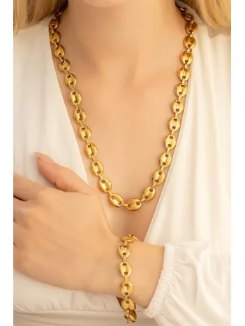 Kadın Çelik Bileklik Kolye Set - Altın Kaplama Gemici Model Çelik Bileklik Kolye Set