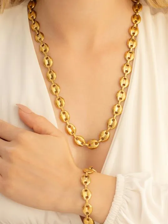 Kadın Çelik Bileklik Kolye Set - Altın Kaplama Gemici Model Çelik Bileklik Kolye Set Kadın Çelik Bileklik Kolye Set - Altın Kaplama Gemici Model Çelik Bileklik Kolye Set