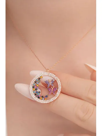 Kelebek Ve Bahar Çiçekleri Bayan Gümüş Kolye