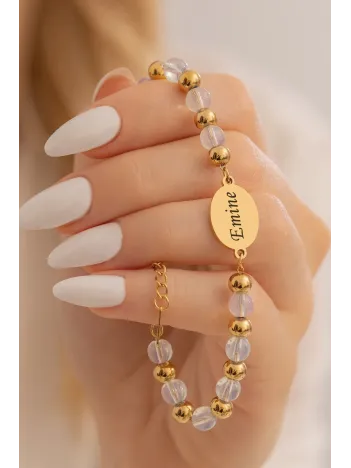 Kadın Çelik Bileklik - Kristal Kuvars Taşı Çelik Lak Kaplamalı İsim Veya Harf Yazılabilir Kadın Bileklik