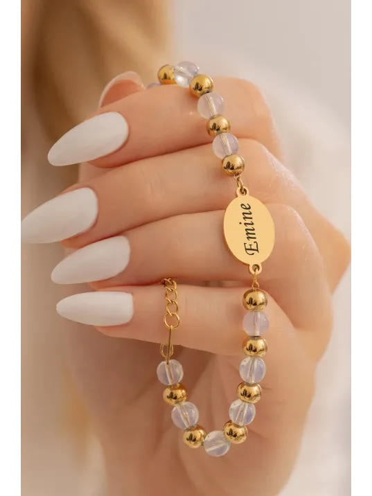 Kadın Çelik Bileklik - Kristal Kuvars Taşı Çelik Lak Kaplamalı İsim Veya Harf Yazılabilir Kadın Bileklik