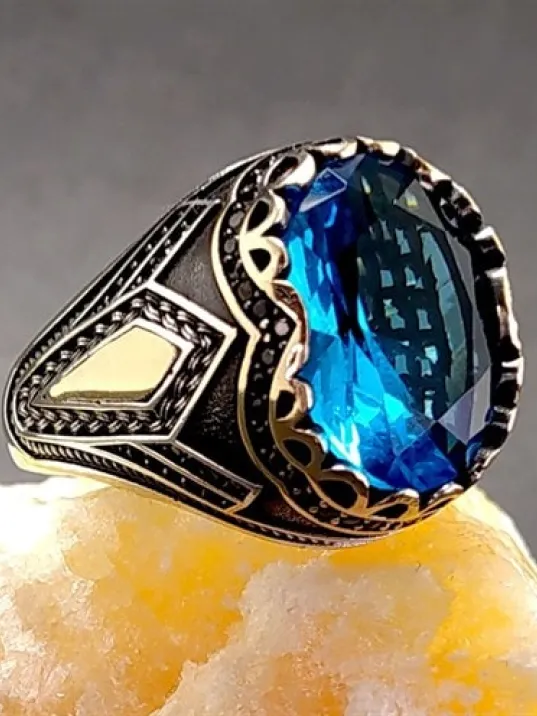 Aquamarin Taşlı Gümüş Erkek Yüzük Avangart Model