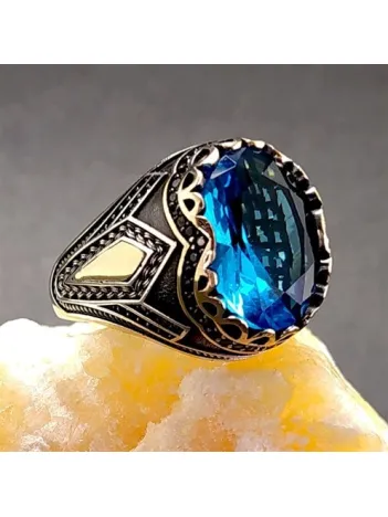 Aquamarin Taşlı Gümüş Erkek Yüzük Avangart Model