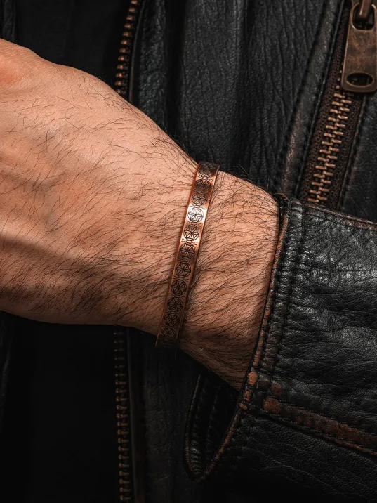 Erkek Bakır Bileklik - Lotus Çiçeği - Yaşam Çiçeği İnce Model Erkek Kelepçe Bileklik Bilezik