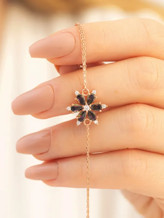 Kadın Gümüş Bileklik - Mistik Topaz Taşlı Çiçek Model Rose Kadın Gümüş Bileklik