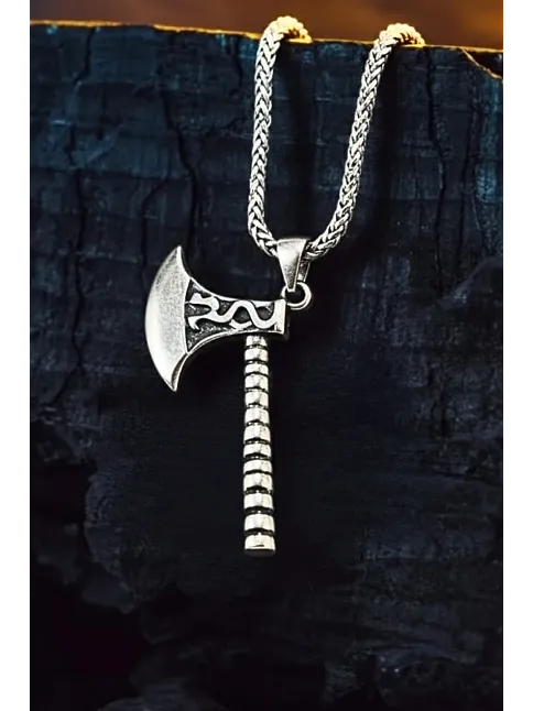 Erkek Gümüş Kolye - Viking Savaş Baltası Sivri Kenar Detaylı Erkek Kolye