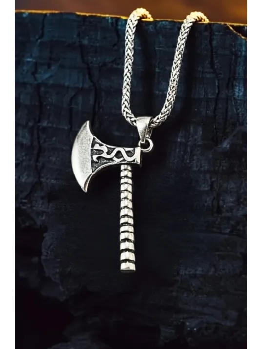 Erkek Gümüş Kolye - Viking Savaş Baltası Sivri Kenar Detaylı Erkek Kolye