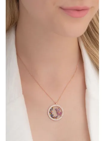 Kelebek Ve Bahar Çiçekleri Bayan Gümüş Kolye