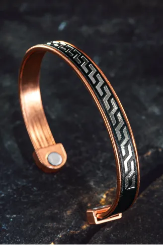 Erkek Kadın Bakır Bileklik - Siyah Hakiki Deri Omega Desenli Mıknatıslı Metal Kutu Kuvars