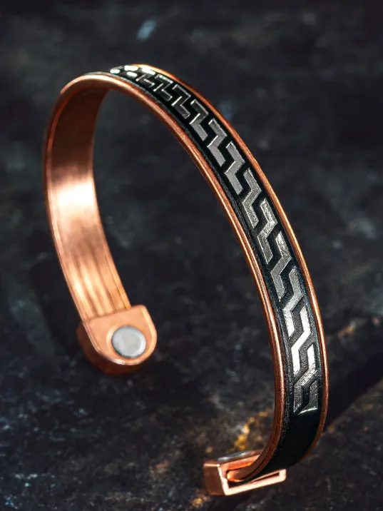 Erkek Kadın Bakır Bileklik - Siyah Hakiki Deri Omega Desenli Mıknatıslı Metal Kutu Doğal