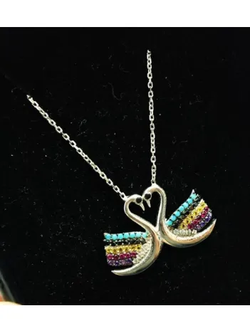 Çifte Kuğular Gümüş Bayan Kolye Orta Boy