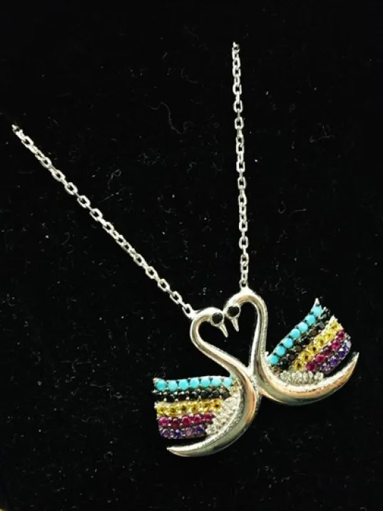 Çifte Kuğular Gümüş Bayan Kolye Orta Boy