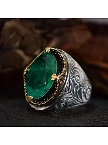 Yeşil Paraiba Taşlı Erzurum Kalem İşlemeli Gümüş Erkek Yüzük GYZYESILPRB-GMS