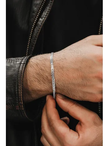 Erkek Gümüş Bileklik - Oluklu Nano Model Erkek Bileklik 3 Bakla 60 Mikron