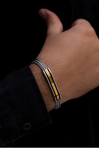 Erkek Çelik Bileklik - Sarı Model Çift Sıra Örüm Zinciri Çelik Bileklik