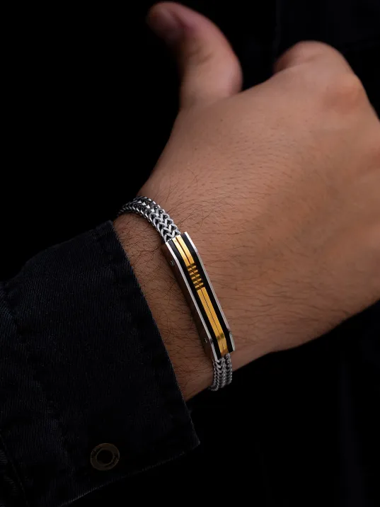 Erkek Çelik Bileklik - Sarı Model Çift Sıra Örüm Zinciri Çelik Bileklik