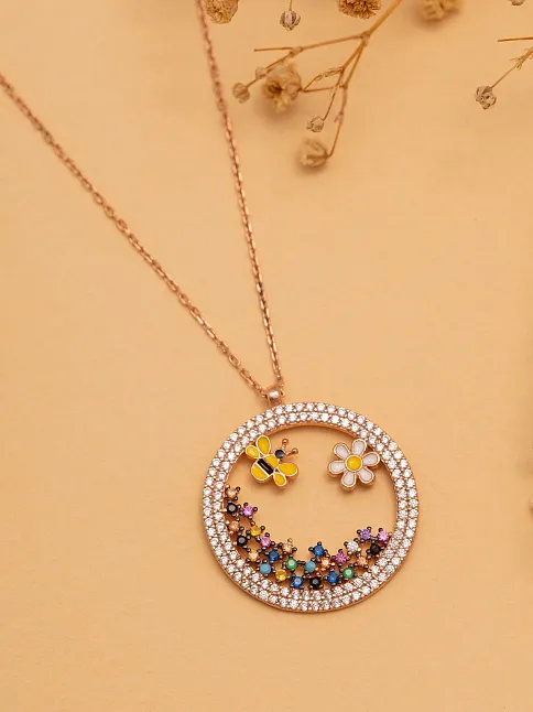 Kadın Gümüş Kolye - Arı Ve Papatya Figürlü Rose Renk Zirkon Taşlı Yuvarlak Model Gümüş Kolye