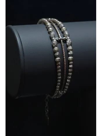 Kadın Gümüş Bileklik - Sarmal Dokulu Boncuk Üç Sıra Kelepçe Model Bilezik