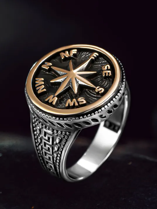 Erkek Gümüş Yüzük - Pusula Motifli Grek Desenli Yuvarlak Model Erkek Yüzük