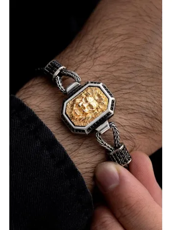 Erkek Gümüş Bileklik - Aslan Figürlü Tilkikuyruğu Zincirli 925 Ayar Gümüş Bileklik