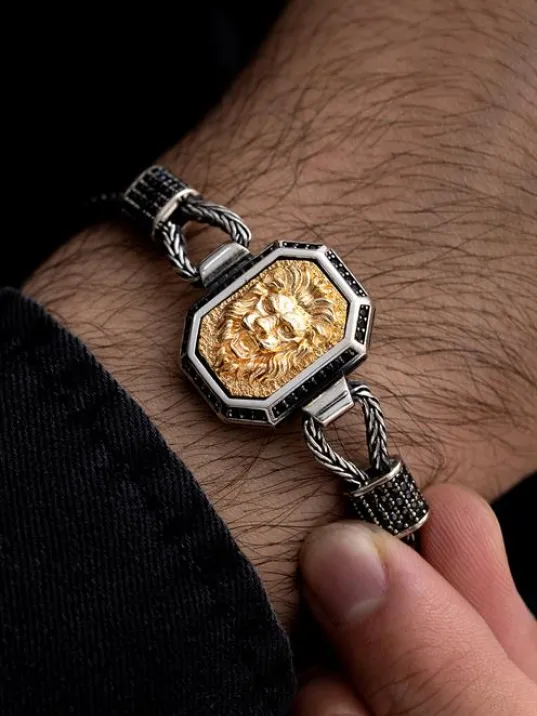 Erkek Gümüş Bileklik - Aslan Figürlü Tilkikuyruğu Zincirli 925 Ayar Gümüş Bileklik