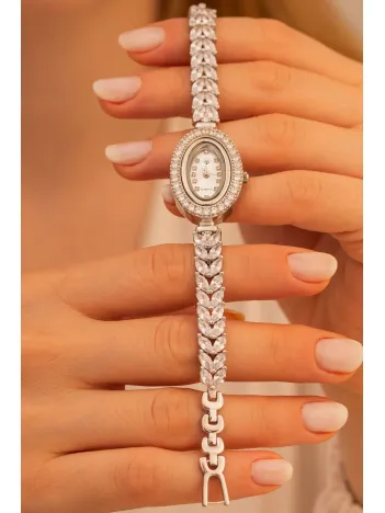 Kadın Gümüş Saat - Gelin Saati - Zirkon Taşlı Yaprak Desen Kordon 925 Ayar Gümüş Kadın Saat