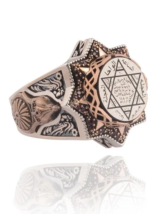 Mühr-ü Süleyman Yazılı Yanı Miğfer Kalkan İşlemeli Erkek Gümüş Yüzük