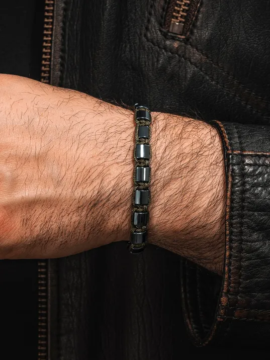 Erkek Kadın Doğal Taş Bileklik - Siyah Hematit Doğal Taşlı Makrome Model 3 Unisex Bileklik